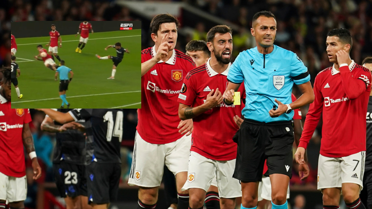 La acción del penal que reclama Manchester United. Foto: UEFA / ESPN.
